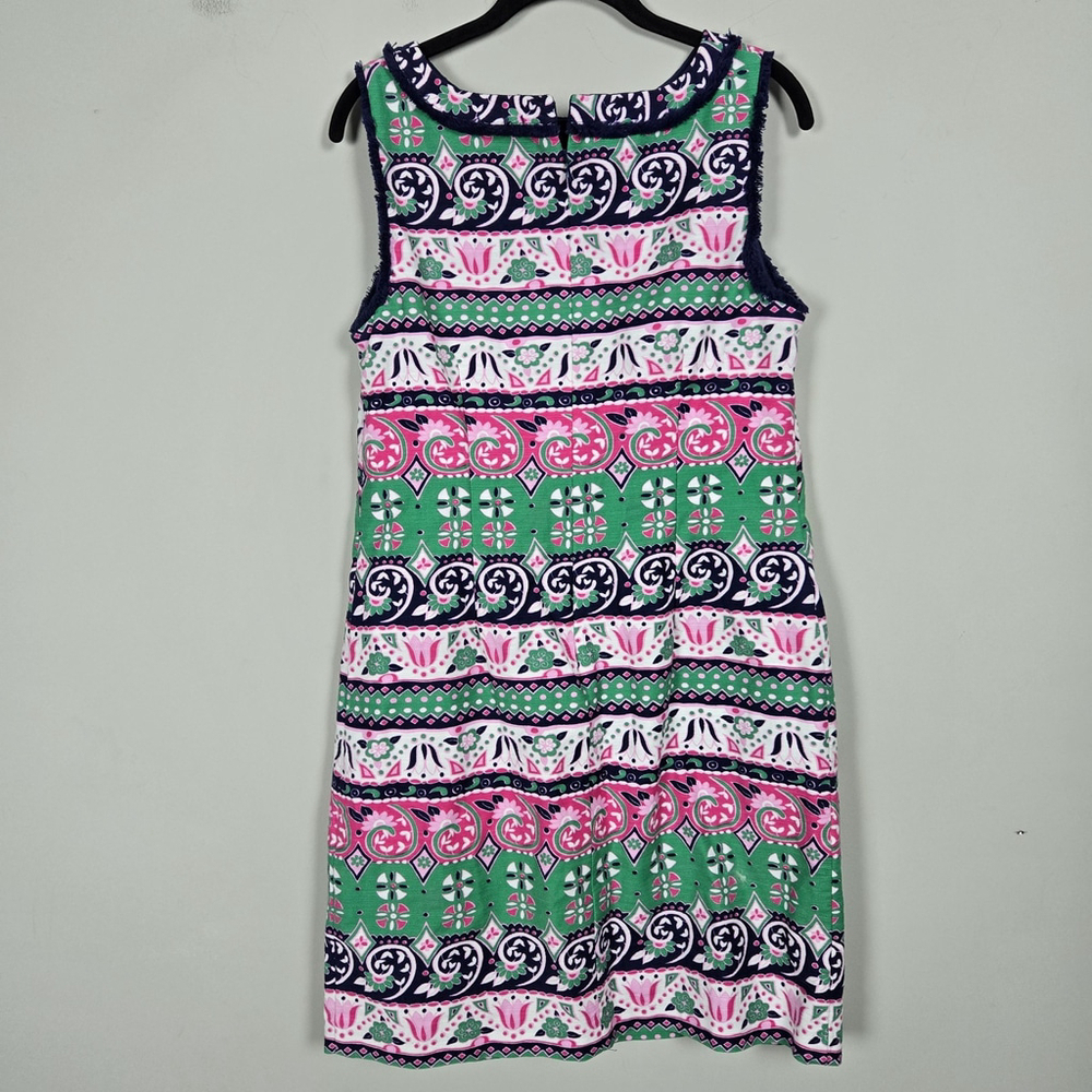 Talbots Womens Fringe Knee Length Sheath Dress Size 10 Green Pink Preppy Floral - Picture 2 of 8